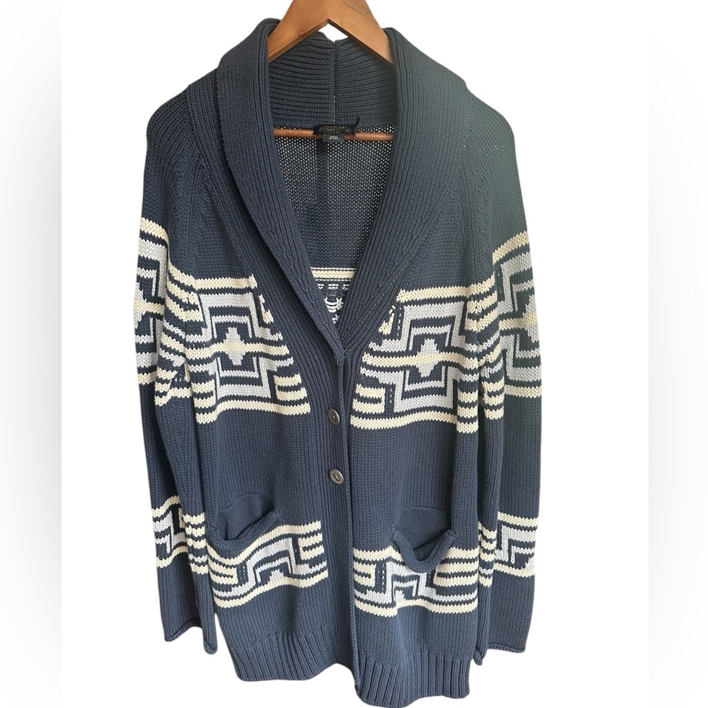 Pendleton Navy Blue and Cream Geometric Shawl Collar Cardigan